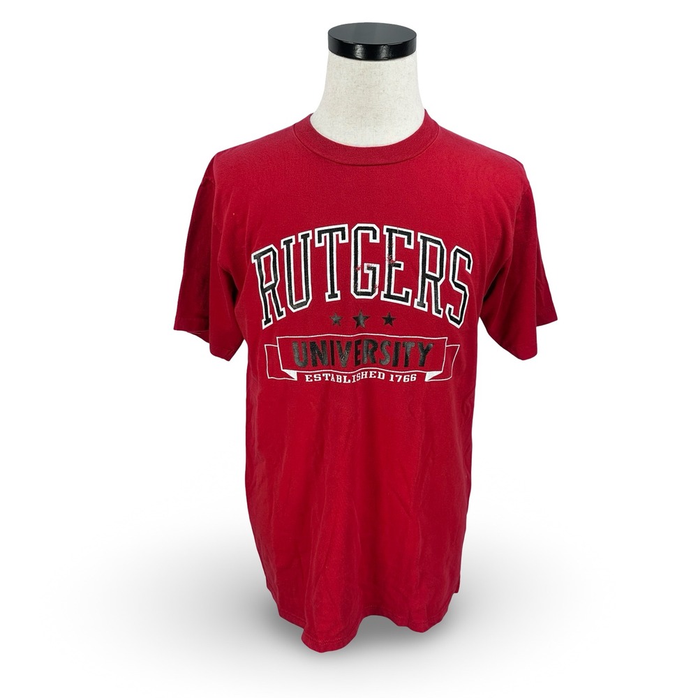Vintage Rutgers University T-Shirt Red Made in USA Large Gray 100% Cotton 90s